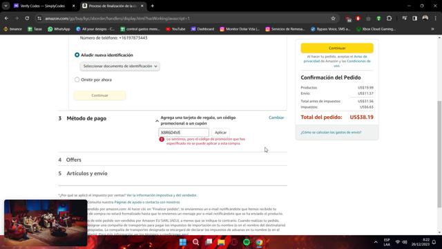 Amazon Prime Video checkout page showing Amazon Prime Video promo code box | Screenshot taken by SimplyCodes community member on Dec 26, 2023