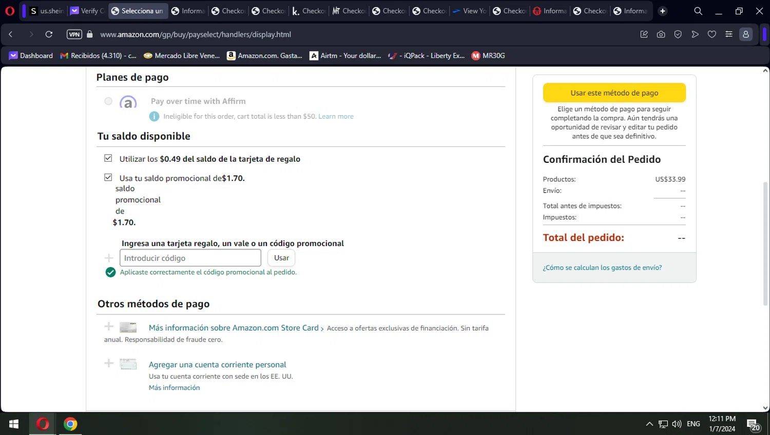 Amazon Prime Video checkout page showing Amazon Prime Video promo code box | Screenshot taken by SimplyCodes community member on Jan 7, 2024