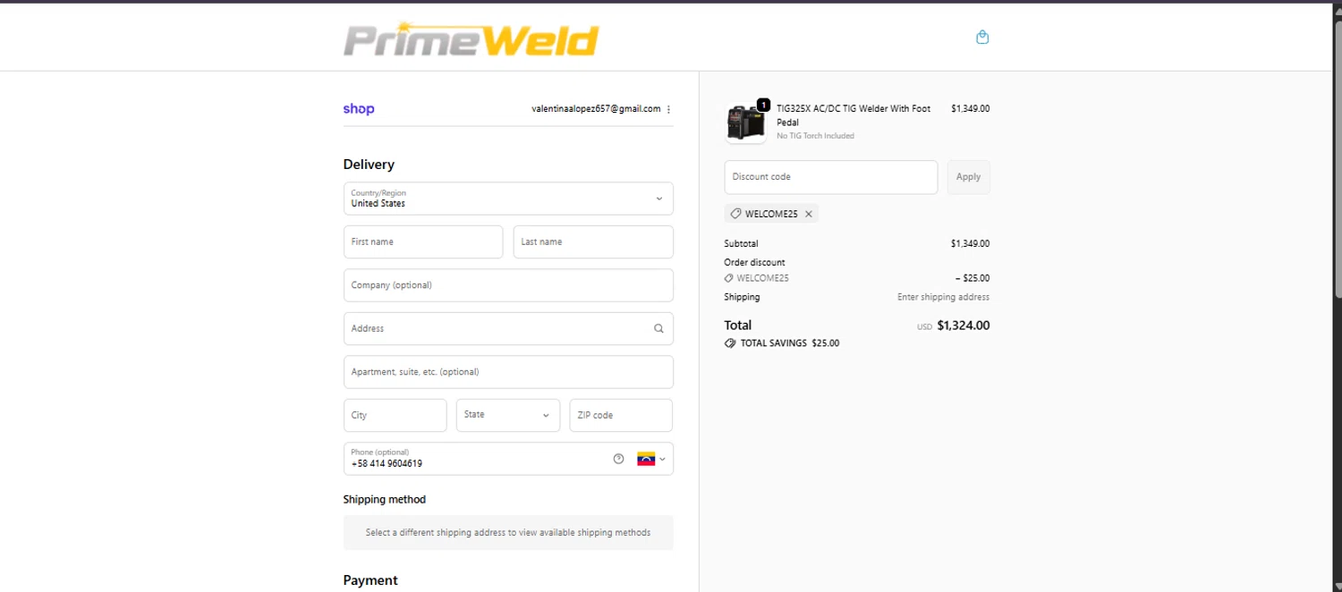 PrimeWeld discount code screenshot showing code welcome25 applied at PrimeWeld checkout page. Uploaded by SimplyCodes community member Nicoletorres on Nov 22, 2025