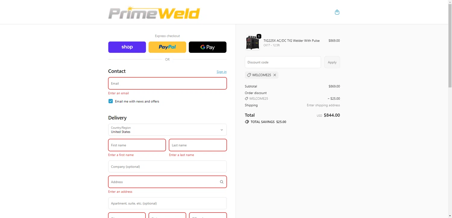 PrimeWeld discount code screenshot showing code welcome25 applied at PrimeWeld checkout page. Uploaded by SimplyCodes community member ScanRanger3503 on Dec 9, 2025