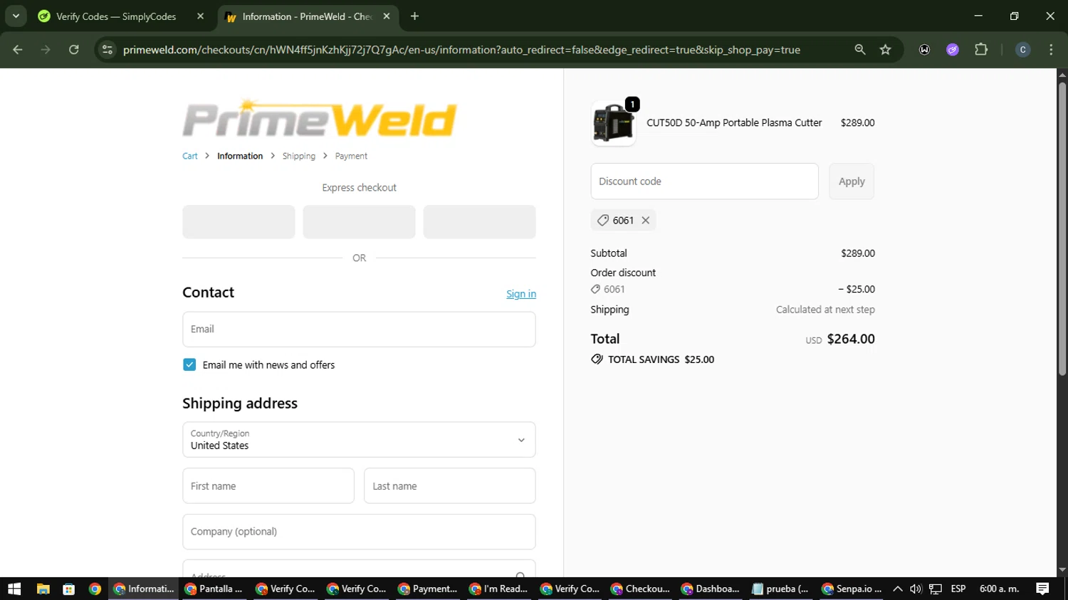 PrimeWeld discount code screenshot showing code 6061 applied at PrimeWeld checkout page. Uploaded by SimplyCodes community member Nata_Montana on Oct 29, 2025