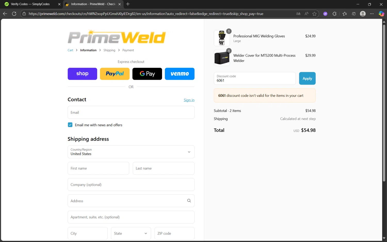 PrimeWeld discount code screenshot showing code 6061 applied at PrimeWeld checkout page. Uploaded by SimplyCodes community member frijolito on Sep 14, 2025