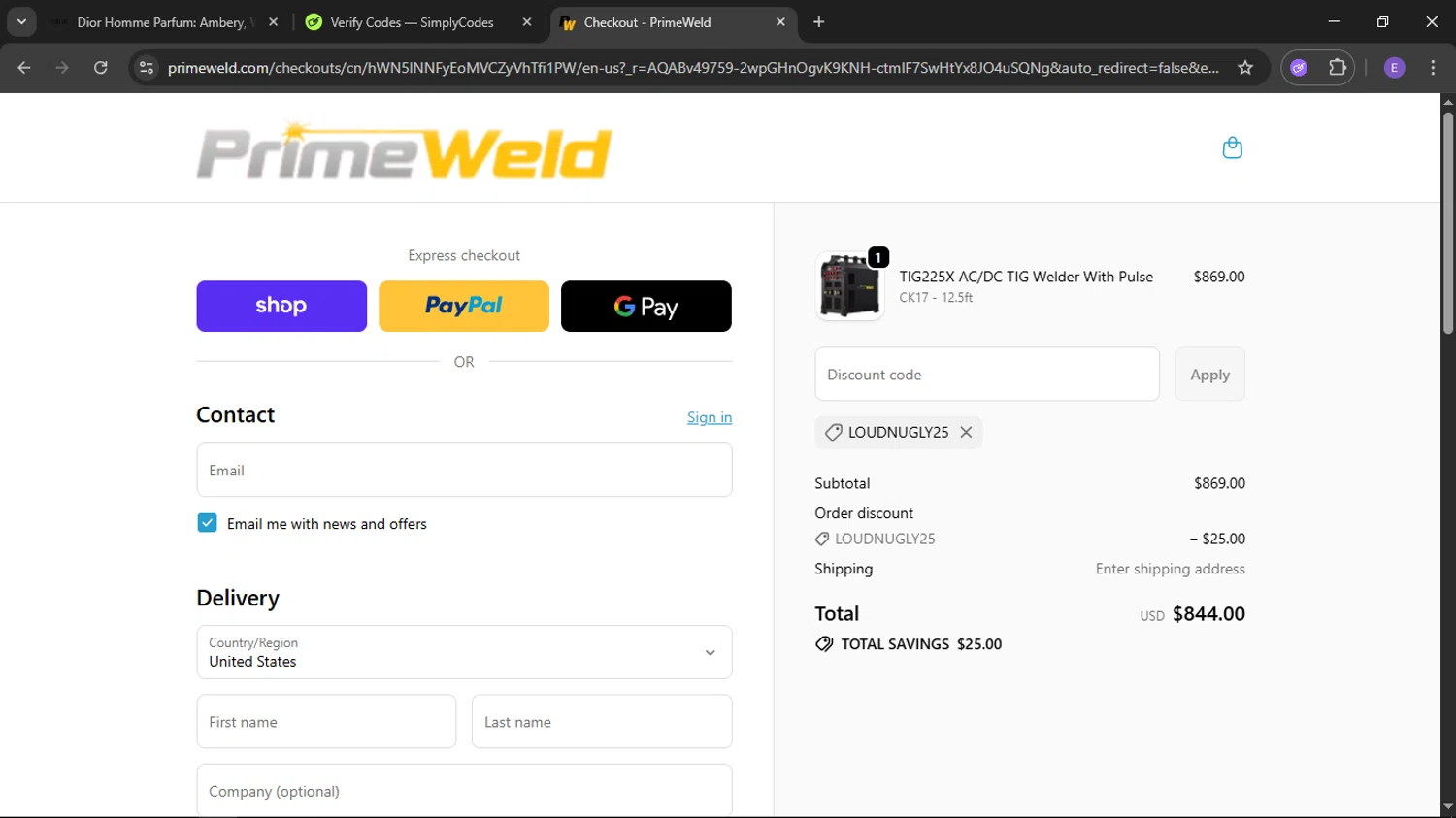 PrimeWeld discount code screenshot showing code LOUDNUGLY25 applied at PrimeWeld checkout page. Uploaded by SimplyCodes community member satoru on Nov 27, 2025