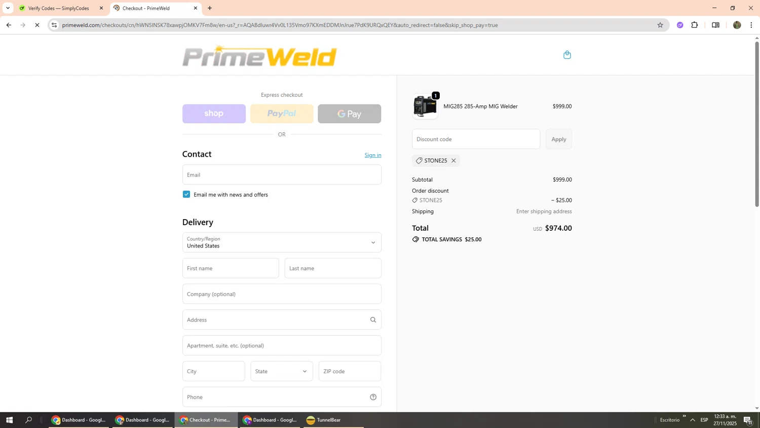 PrimeWeld discount code screenshot showing code STONE25 applied at PrimeWeld checkout page. Uploaded by SimplyCodes community member Phoenix585 on Nov 27, 2025
