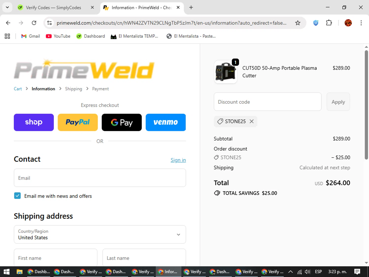 PrimeWeld discount code screenshot showing code STONE25 applied at PrimeWeld checkout page. Uploaded by SimplyCodes community member Rodolfo on Oct 12, 2025