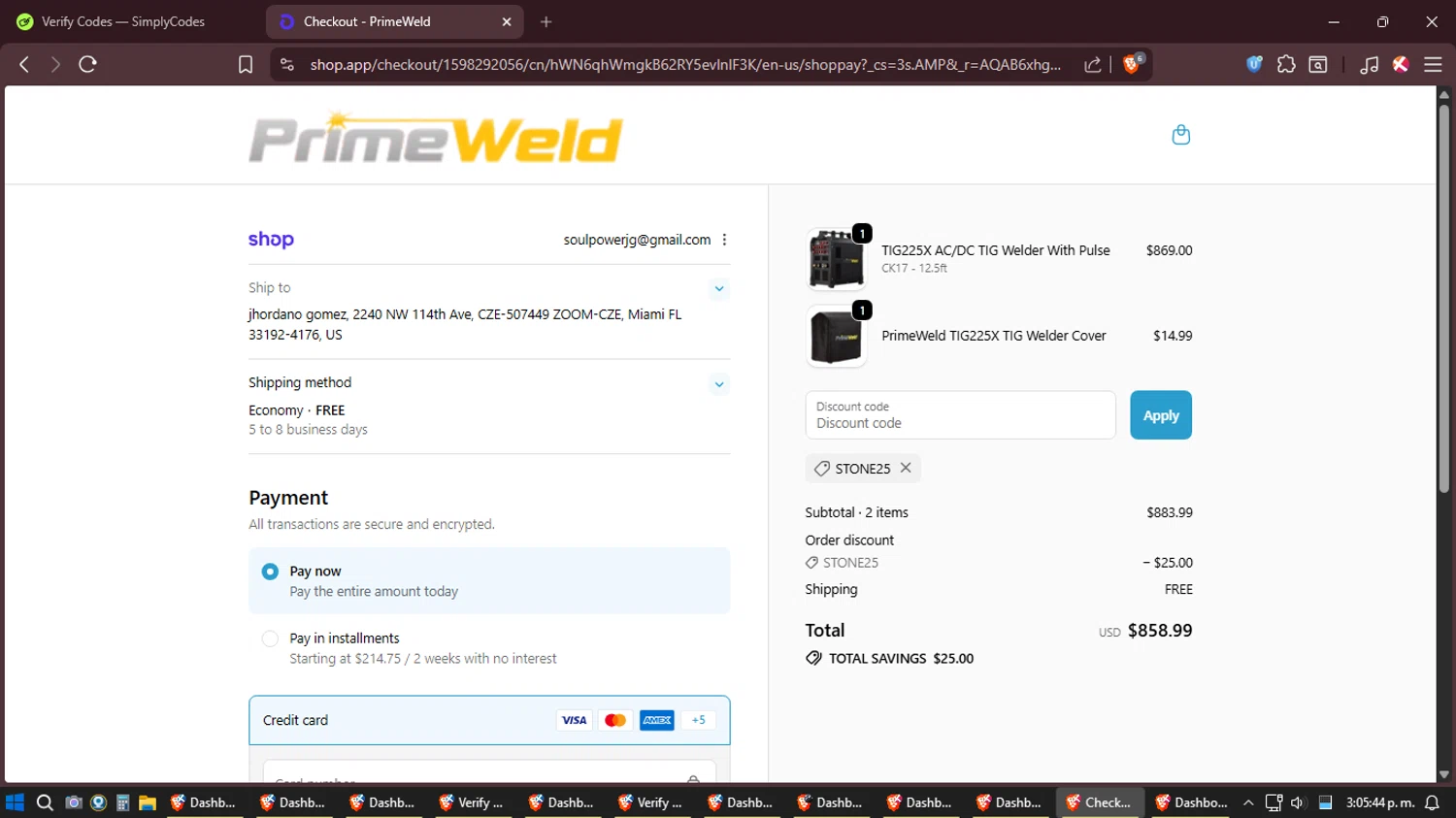 PrimeWeld discount code screenshot showing code STONE25 applied at PrimeWeld checkout page. Uploaded by SimplyCodes community member Sesshomaru on Dec 25, 2025