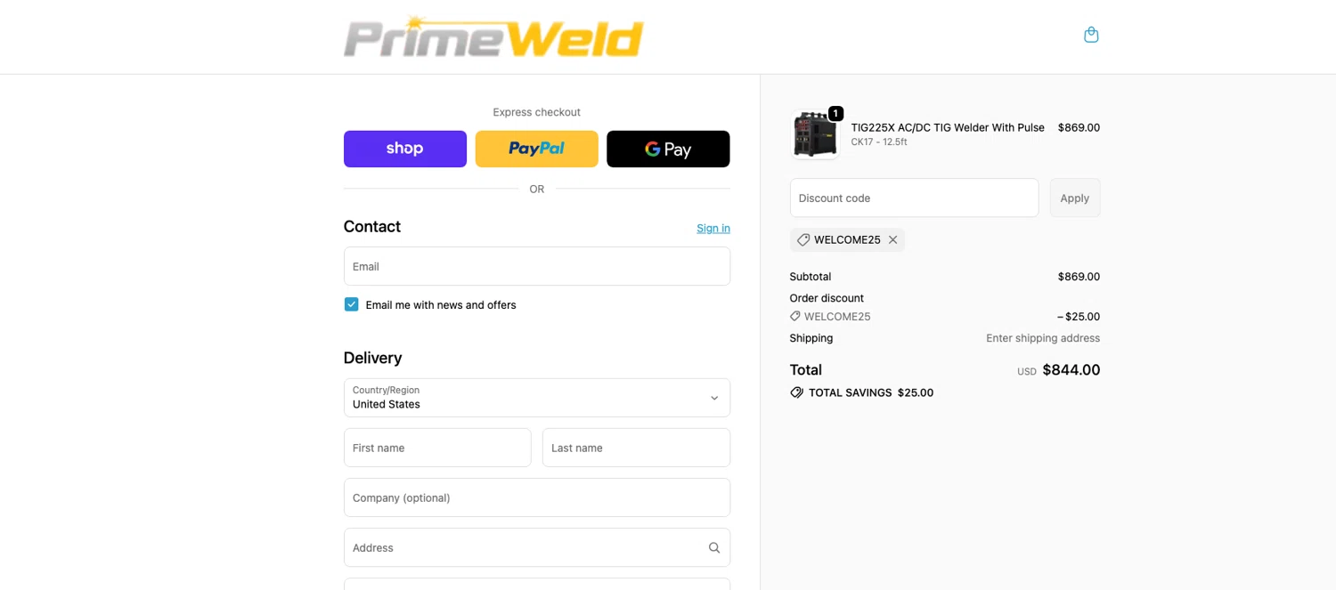 PrimeWeld discount code screenshot showing code welcome25 applied at PrimeWeld checkout page. Uploaded by SimplyCodes community member ELOIN777 on Dec 9, 2025