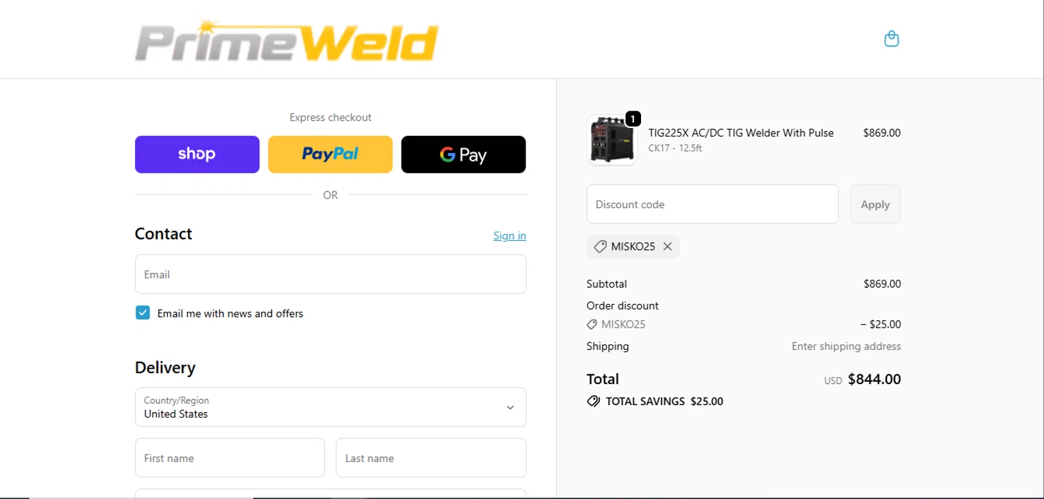 PrimeWeld discount code screenshot showing code MISKO25 applied at PrimeWeld checkout page. Uploaded by SimplyCodes community member juanisaac on Nov 22, 2025