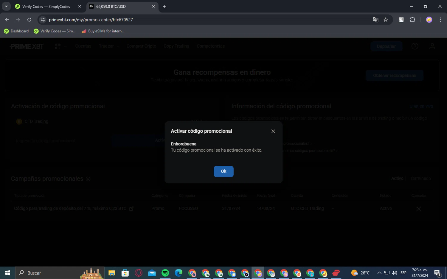 PrimeXBT checkout page showing PrimeXBT promo code box | Screenshot taken by SimplyCodes community member on Jul 31, 2024