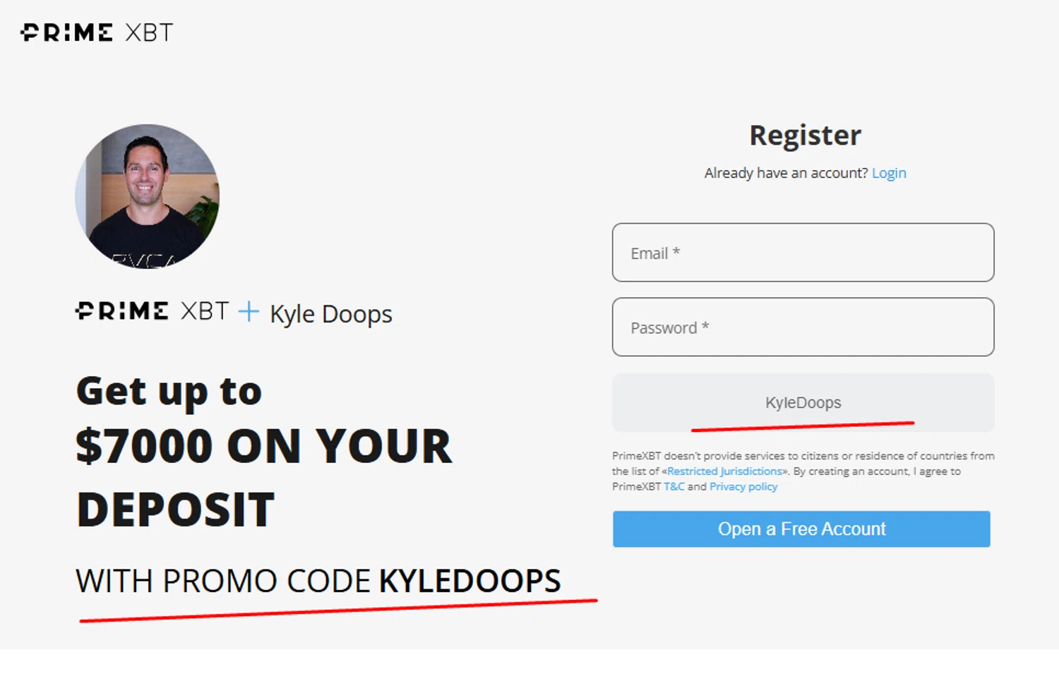 PrimeXBT promo code screenshot showing code KyleDoops applied at PrimeXBT checkout page. Uploaded by SimplyCodes community member paola49520 on Apr 24, 2025