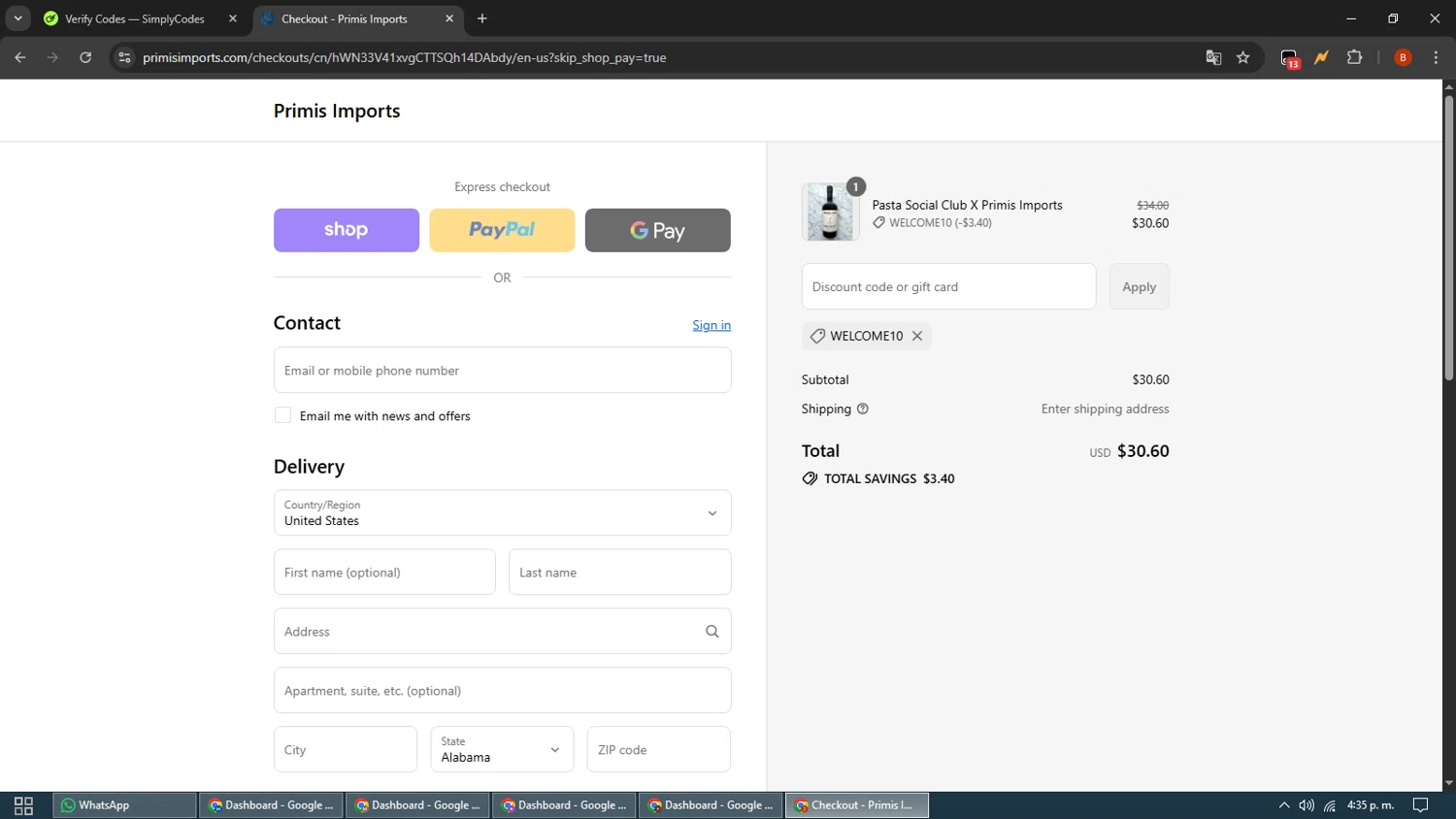 Primis Imports promo code screenshot showing code WELCOME10 applied at Primis Imports checkout page. Uploaded by SimplyCodes community member BrilliantLynx7174 on Sep 16, 2025
