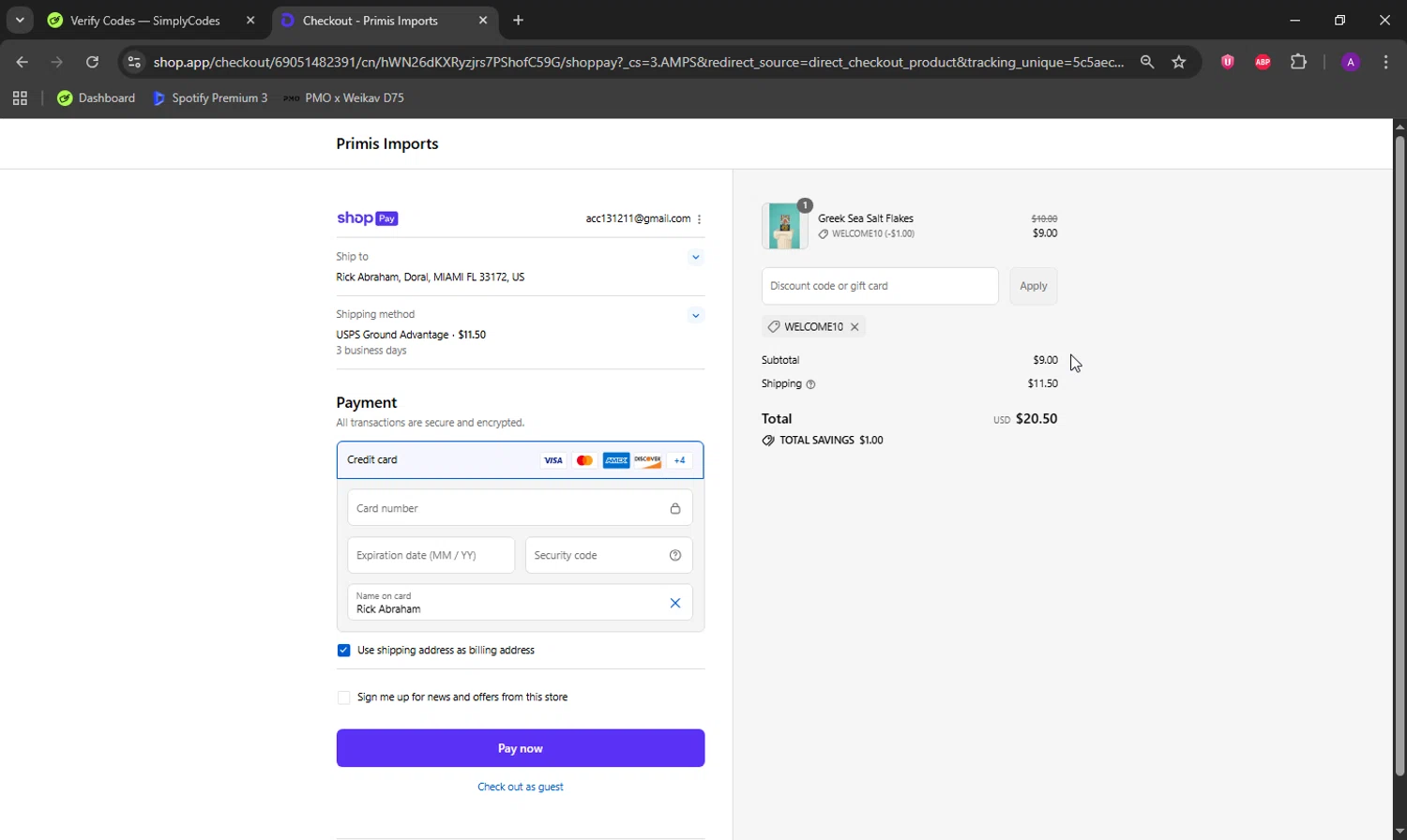 Primis Imports promo code screenshot showing code WELCOME10 applied at Primis Imports checkout page. Uploaded by SimplyCodes community member DeathBone on Aug 22, 2025