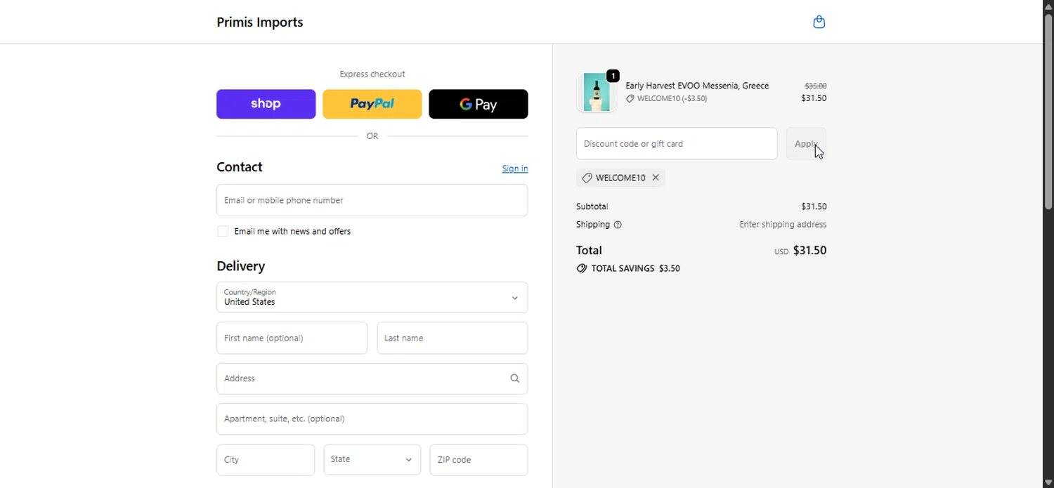 Primis Imports promo code screenshot showing code WELCOME10 applied at Primis Imports checkout page. Uploaded by SimplyCodes community member LuckyPioneer1027 on Oct 3, 2025