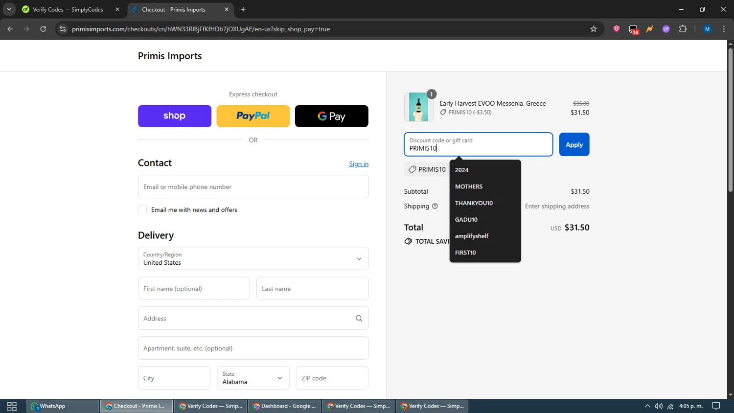 Primis Imports promo code screenshot showing code PRIMIS10 applied at Primis Imports checkout page. Uploaded by SimplyCodes community member EpicVoyager2820 on Sep 16, 2025