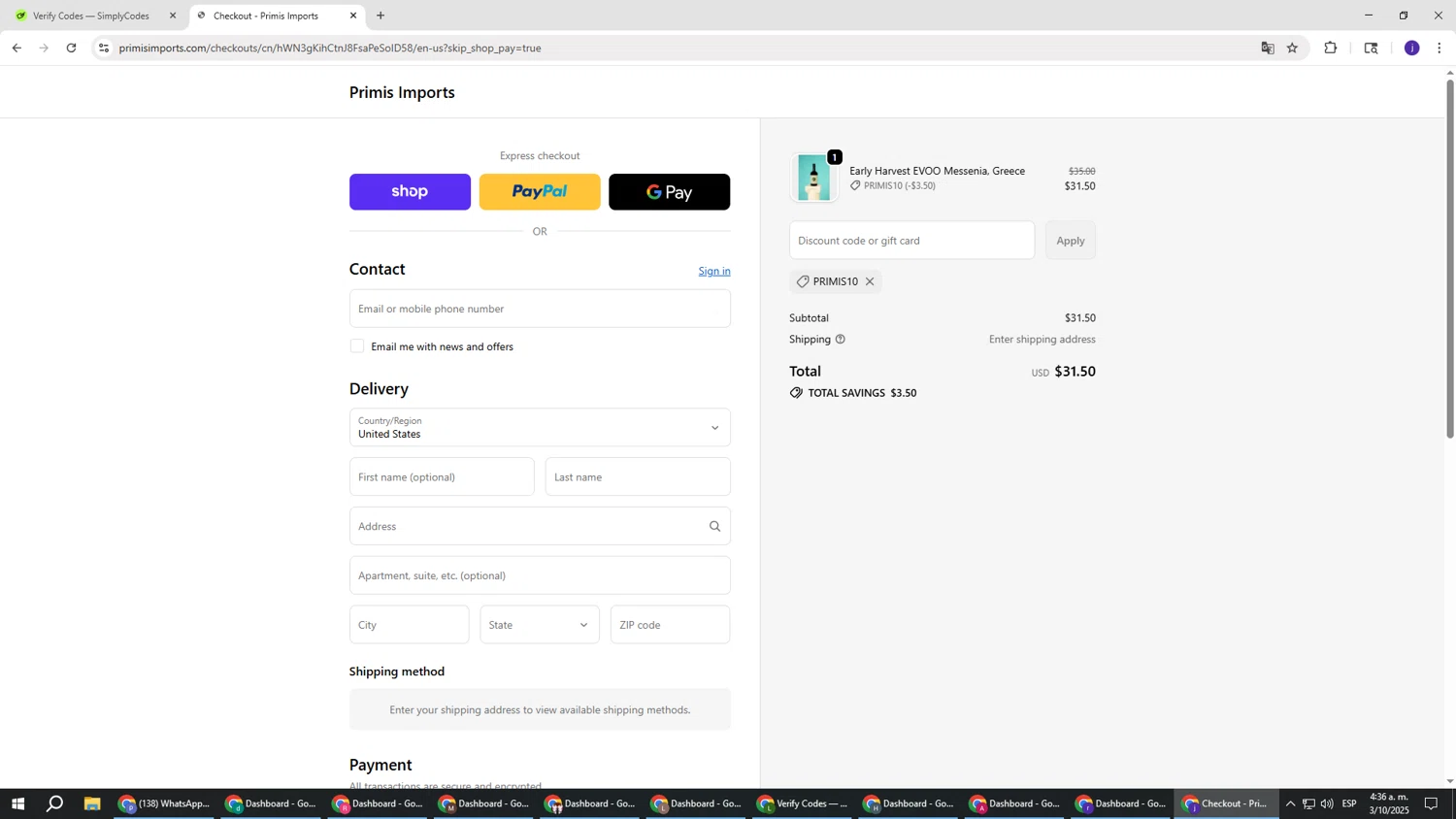 Primis Imports promo code screenshot showing code PRIMIS10 applied at Primis Imports checkout page. Uploaded by SimplyCodes community member simplycodesssss on Oct 3, 2025
