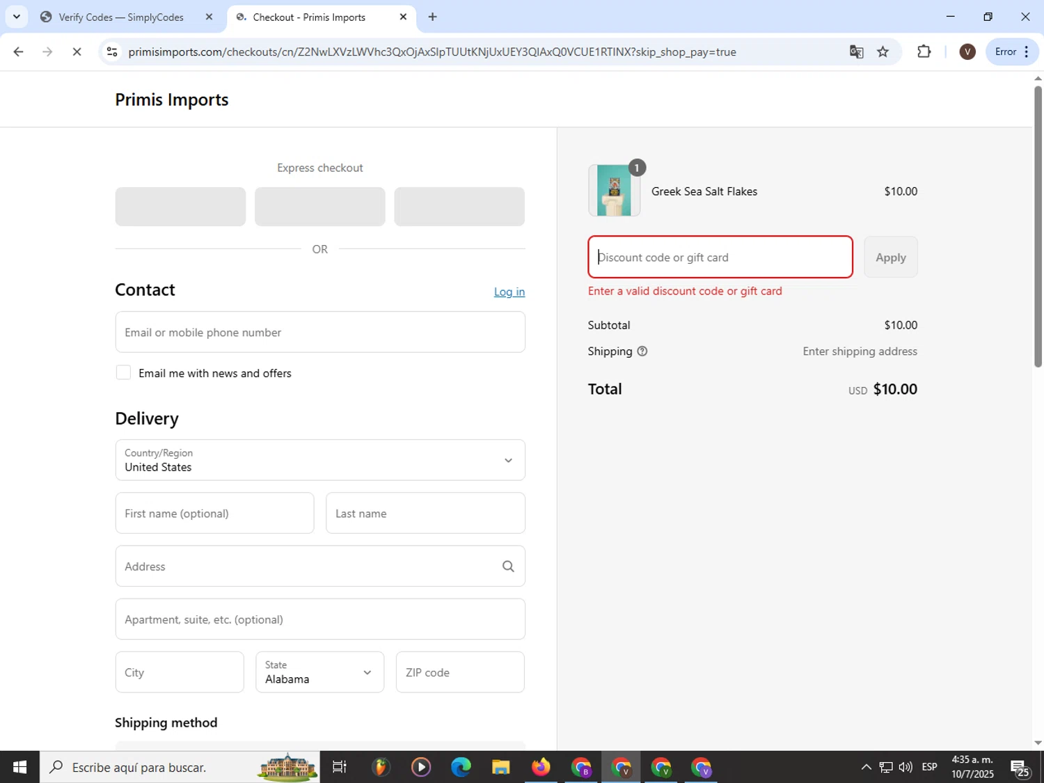 Primis Imports promo code screenshot showing code JULY15 applied at Primis Imports checkout page. Uploaded by SimplyCodes community member CashLion3448 on Jul 10, 2025