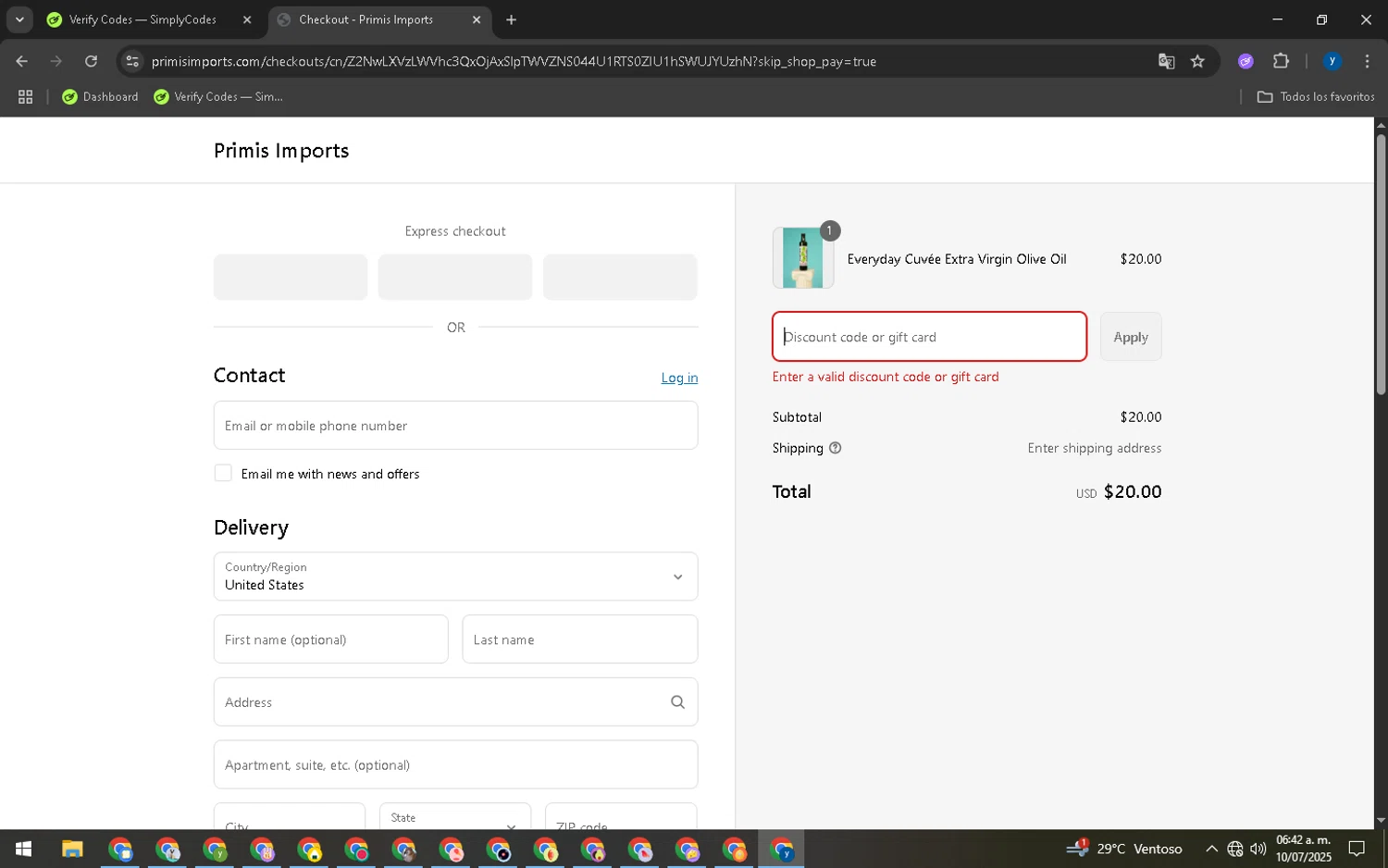 Primis Imports promo code screenshot showing code JULY15 applied at Primis Imports checkout page. Uploaded by SimplyCodes community member CouponSpotter3999 on Jul 10, 2025