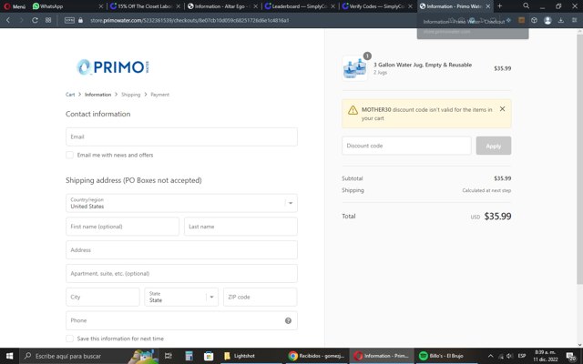 Primo Water Dispensers checkout page showing Primo Water Dispensers promo code box | Screenshot taken by SimplyCodes community member on Dec 11, 2022