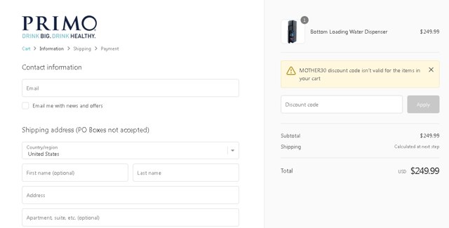 Primo Water Dispensers checkout page showing Primo Water Dispensers promo code box | Screenshot taken by SimplyCodes community member on Sep 15, 2022