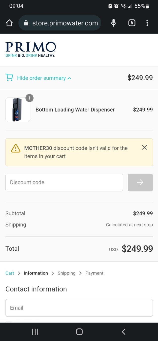 Primo Water Dispensers checkout page showing Primo Water Dispensers promo code box | Screenshot taken by SimplyCodes community member on Oct 14, 2022