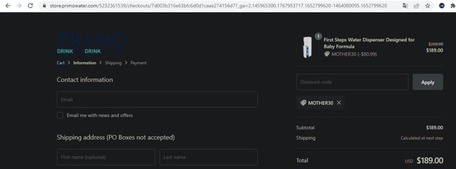 Primo Water Dispensers checkout page showing Primo Water Dispensers promo code box | Screenshot taken by SimplyCodes community member on May 17, 2022