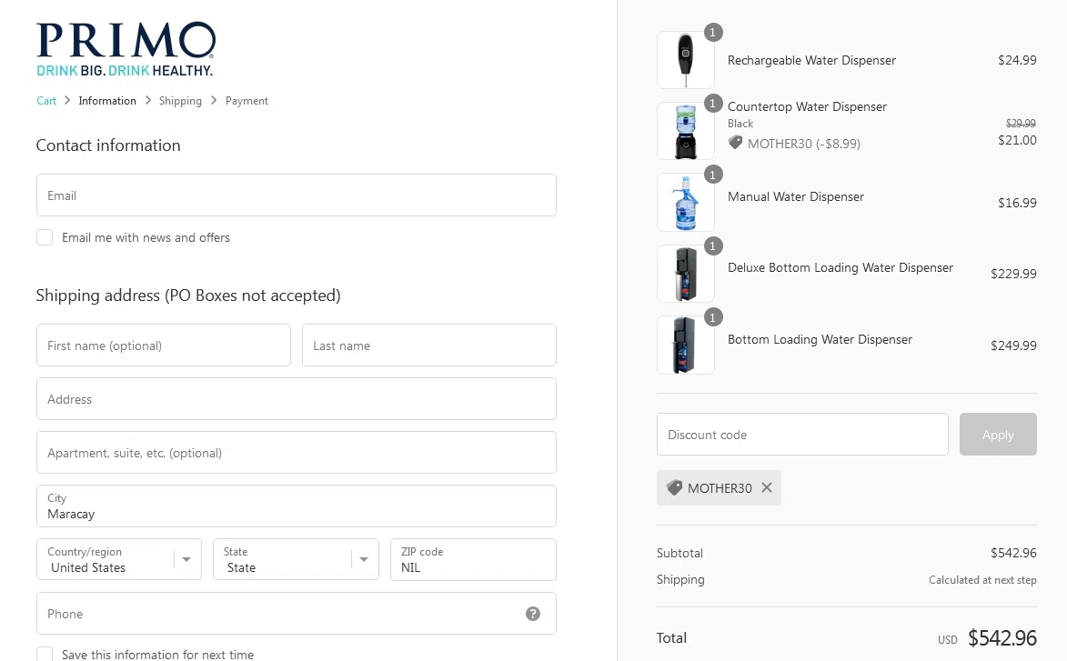 where to use Primo Water Dispensers promo code box