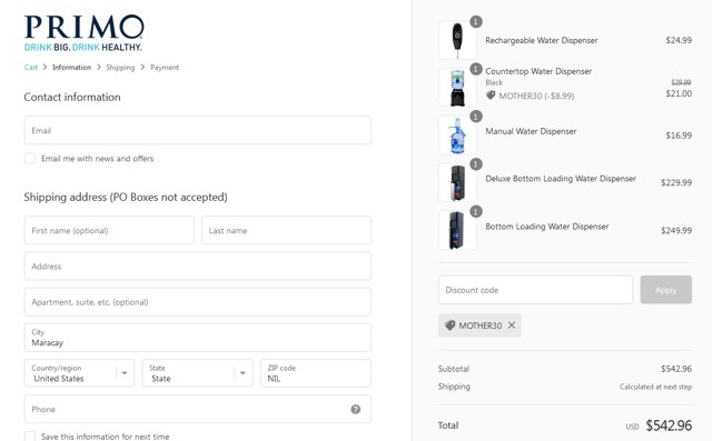 Primo Water Dispensers checkout page showing Primo Water Dispensers promo code box | Screenshot taken by SimplyCodes community member on Jun 20, 2022