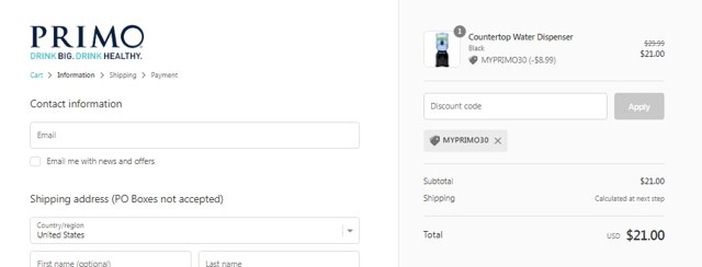Primo Water Dispensers checkout page showing Primo Water Dispensers promo code box | Screenshot taken by SimplyCodes community member on Jul 13, 2022