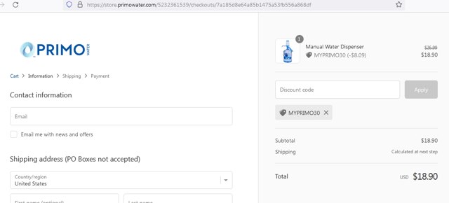 Primo Water Dispensers checkout page showing Primo Water Dispensers promo code box | Screenshot taken by SimplyCodes community member on Dec 5, 2022