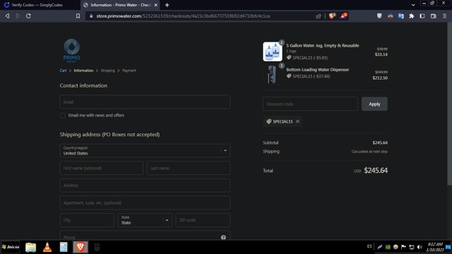 Primo Water Dispensers checkout page showing Primo Water Dispensers promo code box | Screenshot taken by SimplyCodes community member on Jan 10, 2023