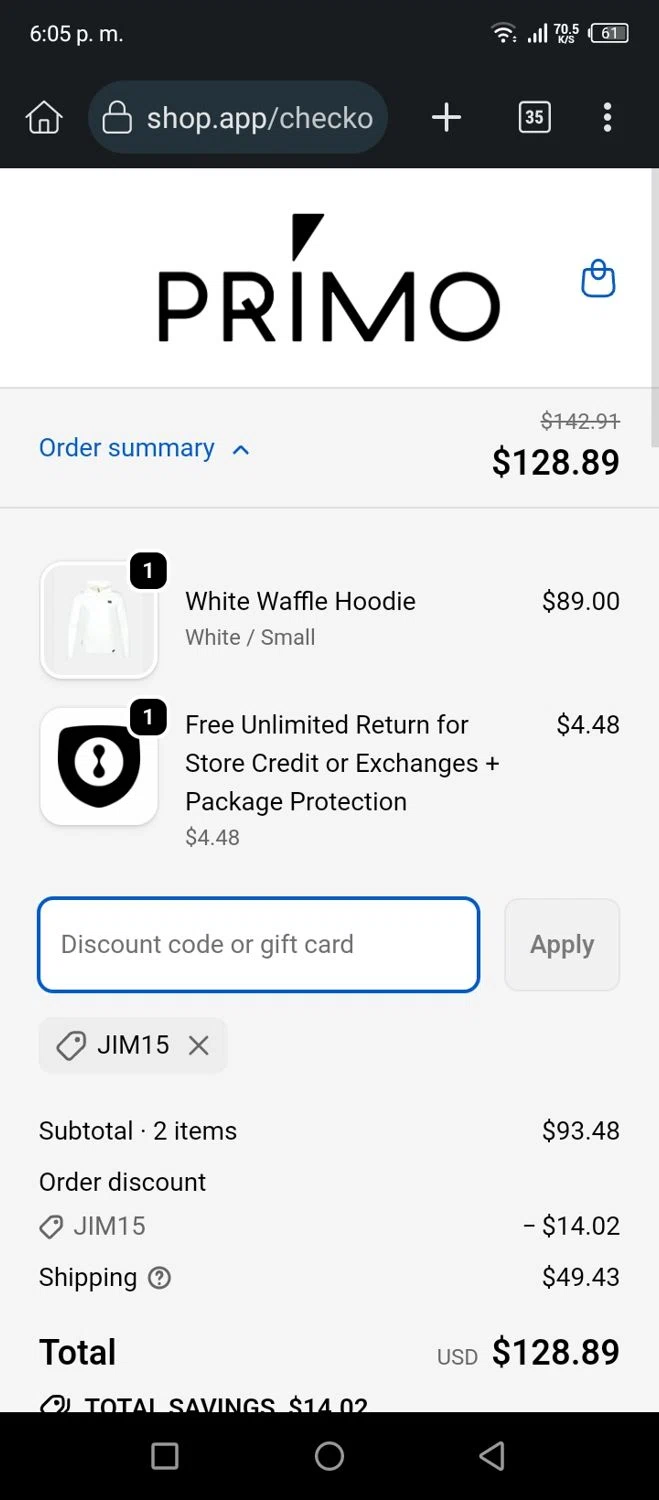 Primo Golf Apparel discount code screenshot showing code JIM15 applied at Primo Golf Apparel checkout page. Uploaded by SimplyCodes community member AnthonyGuapeton94 on Oct 4, 2025