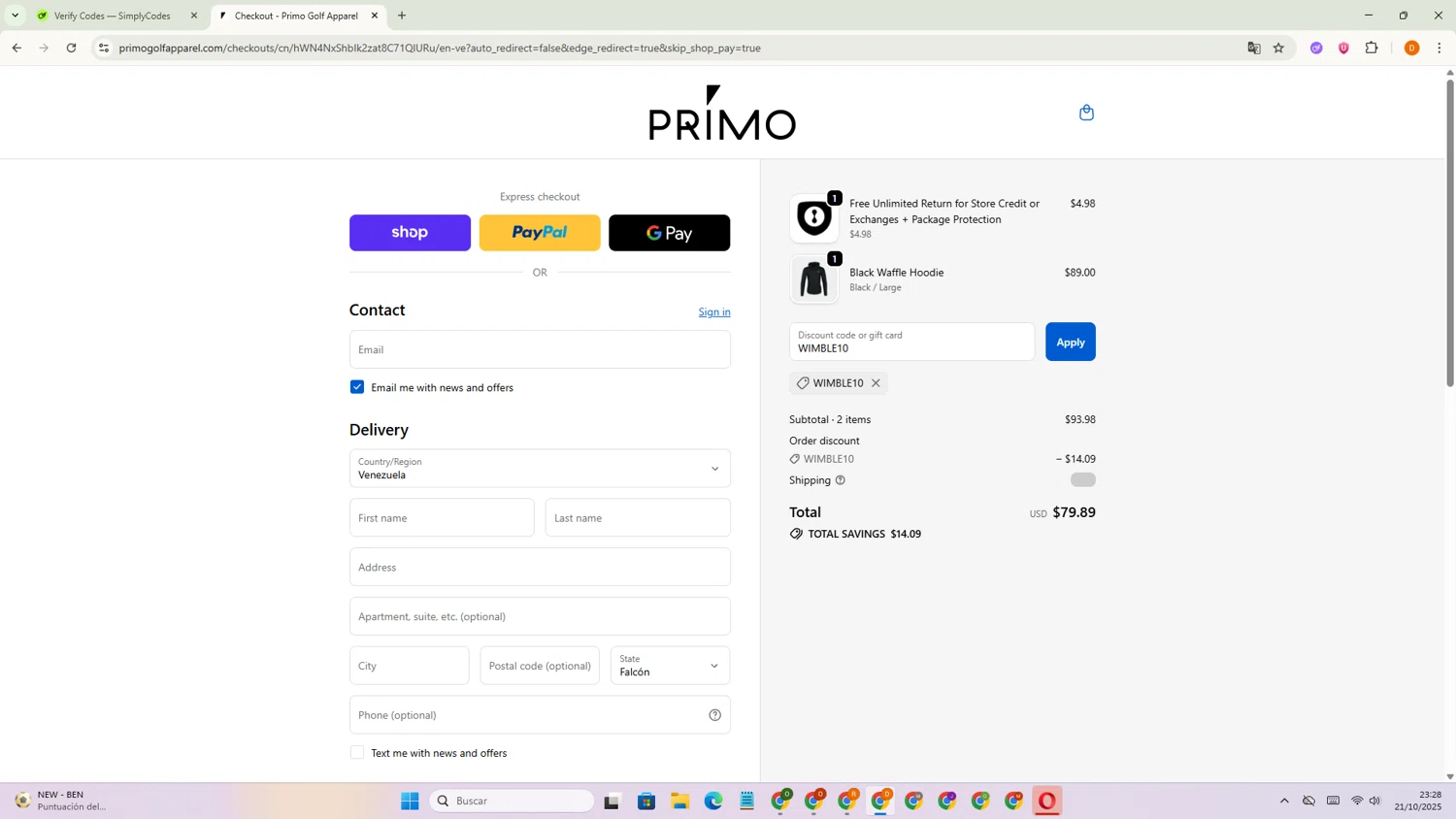 Primo Golf Apparel discount code screenshot showing code WIMBLE10 applied at Primo Golf Apparel checkout page. Uploaded by SimplyCodes community member Dayana21 on Oct 21, 2025