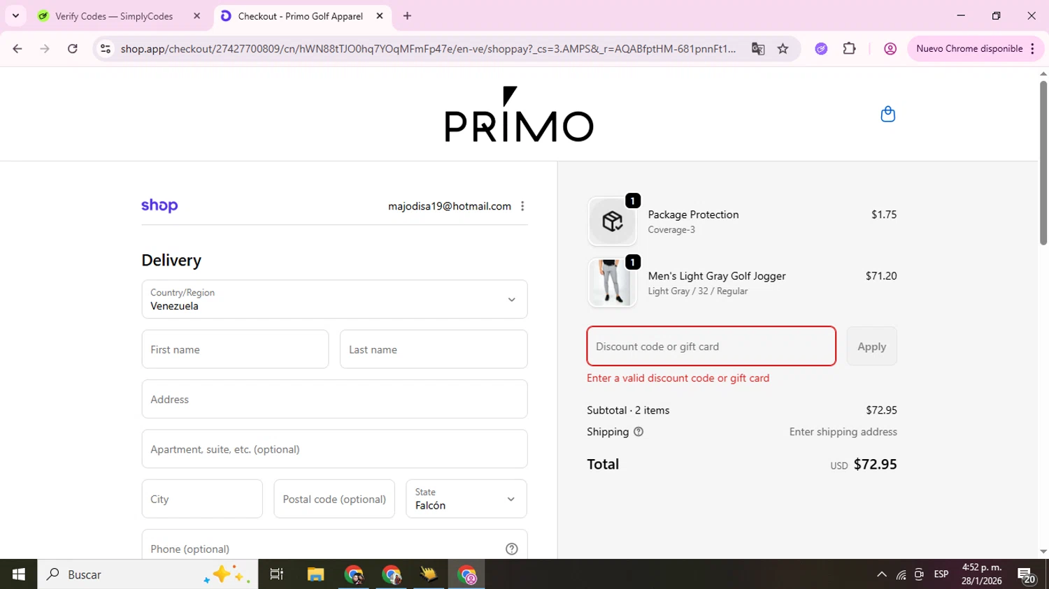 Primo Golf Apparel discount code screenshot showing code davidprimo applied at Primo Golf Apparel checkout page. Uploaded by SimplyCodes community member TokenAce5969 on Jan 28, 2026