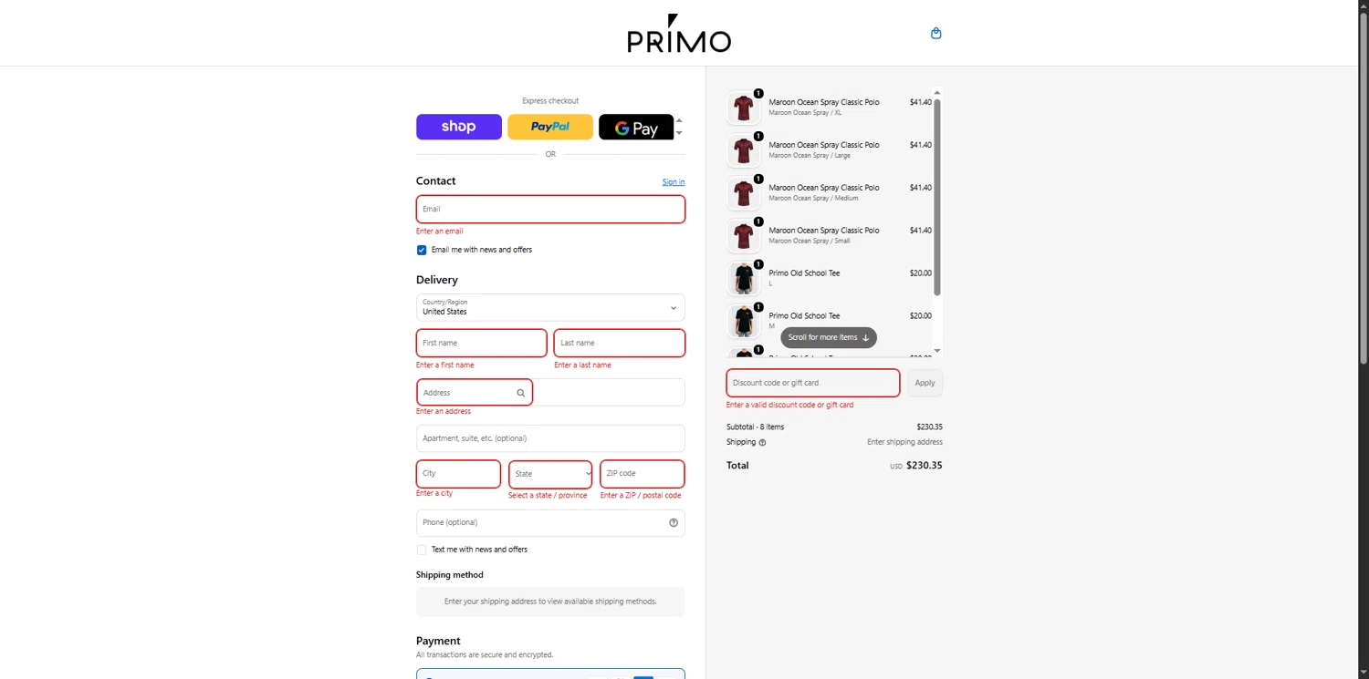 Primo Golf Apparel discount code screenshot showing code GOLFDOC applied at Primo Golf Apparel checkout page. Uploaded by SimplyCodes community member MagnificentEagle1411 on Jan 29, 2026