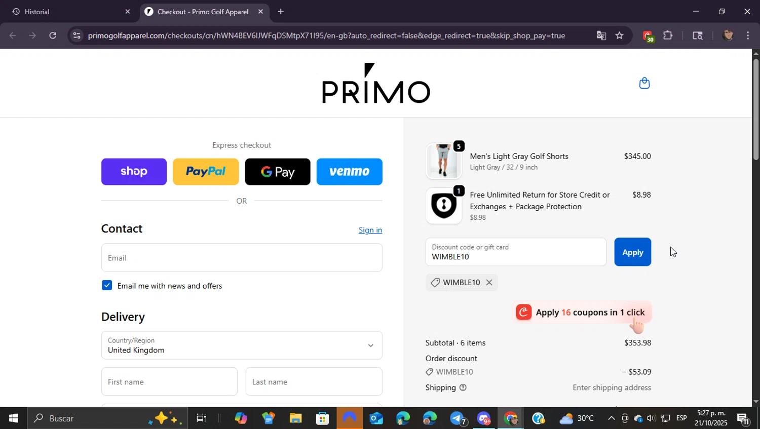Primo Golf Apparel discount code screenshot showing code WIMBLE10 applied at Primo Golf Apparel checkout page. Uploaded by SimplyCodes community member ShieldEagle9436 on Oct 21, 2025