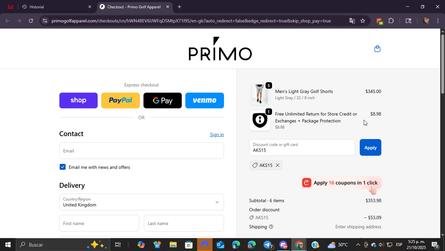 Primo Golf Apparel discount code screenshot showing code AKS15 applied at Primo Golf Apparel checkout page. Uploaded by SimplyCodes community member ShieldEagle9436 on Oct 21, 2025