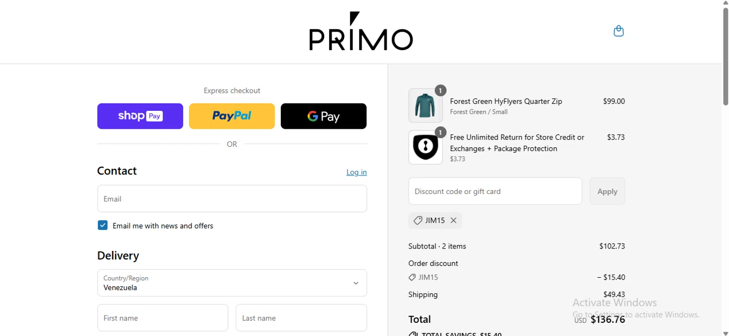 Primo Golf Apparel discount code screenshot showing code JIM15 applied at Primo Golf Apparel checkout page. Uploaded by SimplyCodes community member anosesmith on Jul 29, 2025