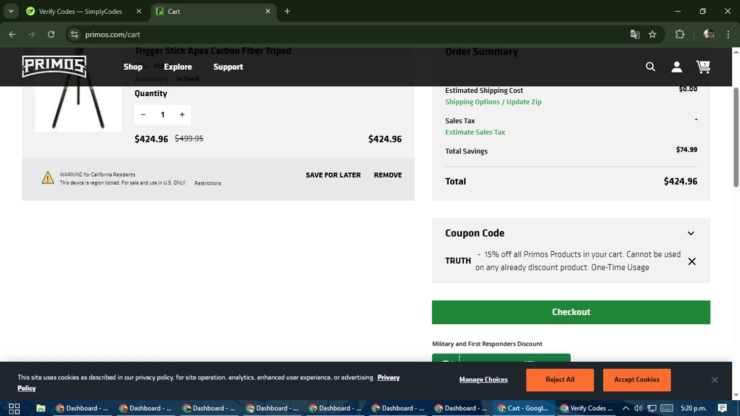 Primos Hunting checkout page showing Primos Hunting discount code box | Screenshot taken by SimplyCodes community member on Apr 4, 2025