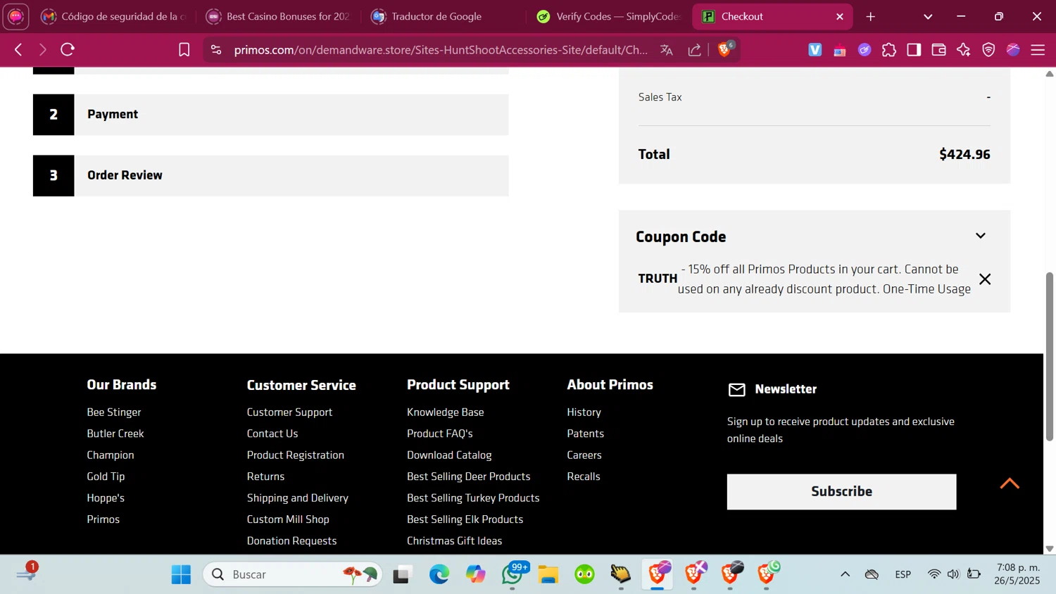 Primos Hunting checkout page showing Primos Hunting discount code box | Screenshot taken by SimplyCodes community member on May 26, 2025