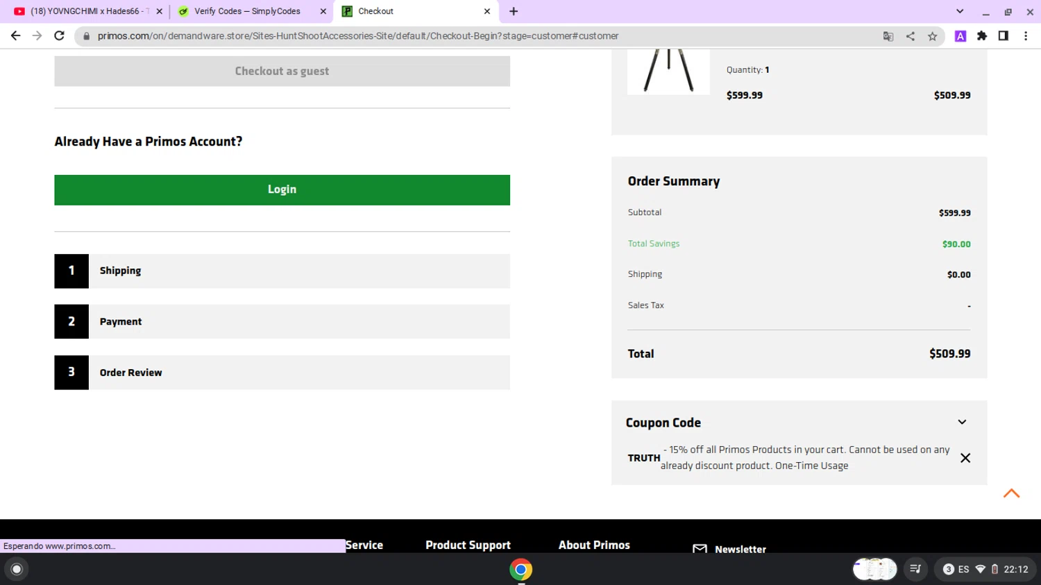 Primos Hunting checkout page showing Primos Hunting discount code box | Screenshot taken by SimplyCodes community member on Jun 24, 2025