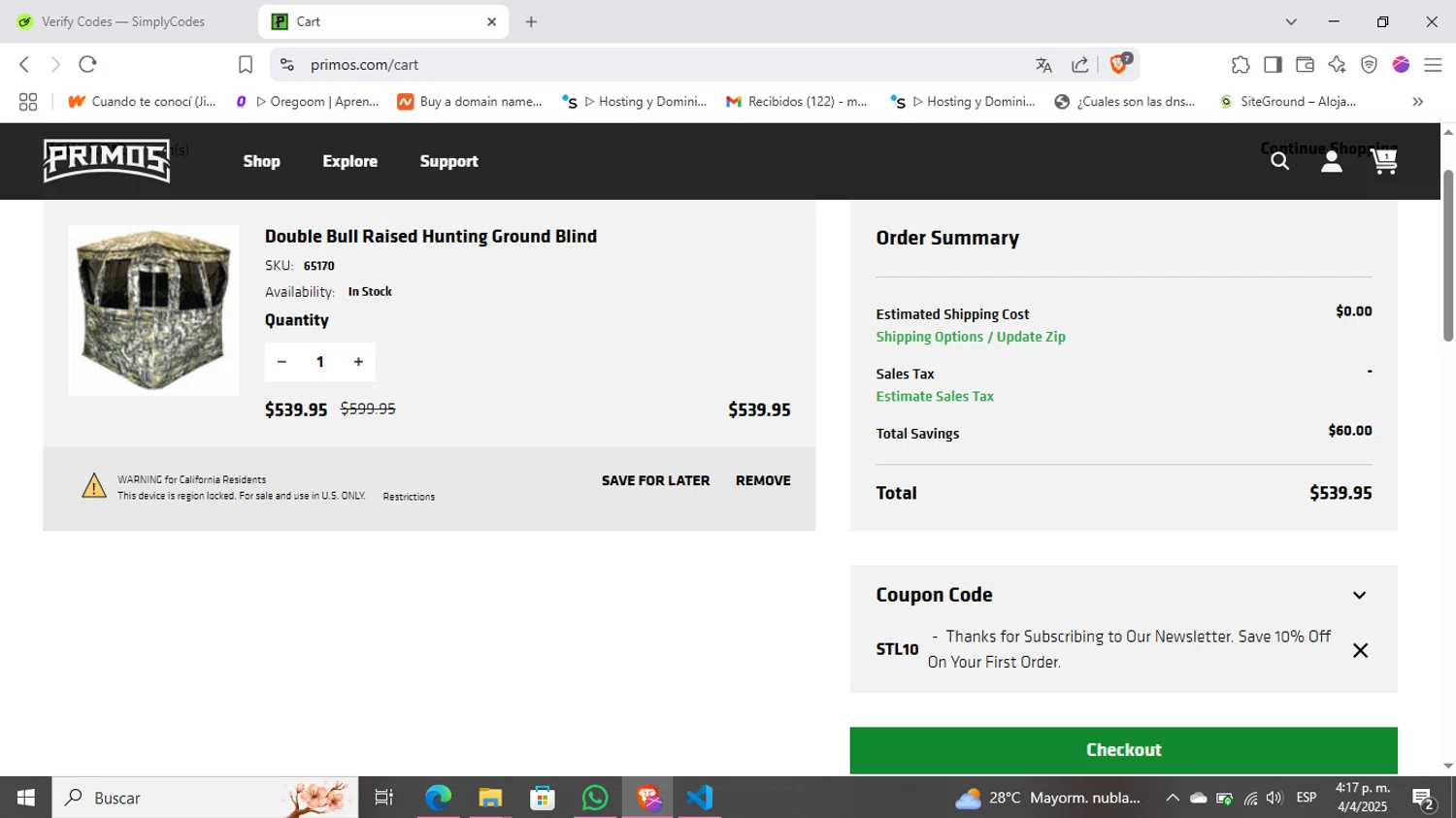 Primos Hunting discount code screenshot showing code STL10 applied at Primos Hunting checkout page. Uploaded by SimplyCodes community member Kimberly on Apr 4, 2025