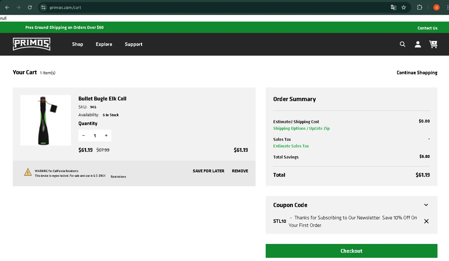 Primos Hunting discount code screenshot showing code STL10 applied at Primos Hunting checkout page. Uploaded by SimplyCodes community member VictoriaMoyeda on Jun 24, 2025