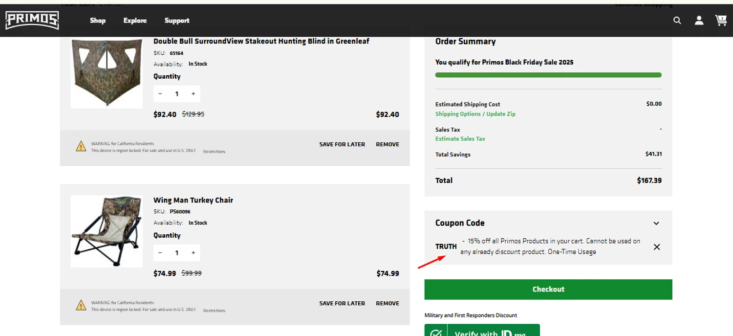 Primos Hunting discount code screenshot showing code TRUTH applied at Primos Hunting checkout page. Uploaded by SimplyCodes community member carlosrivero on Nov 29, 2025
