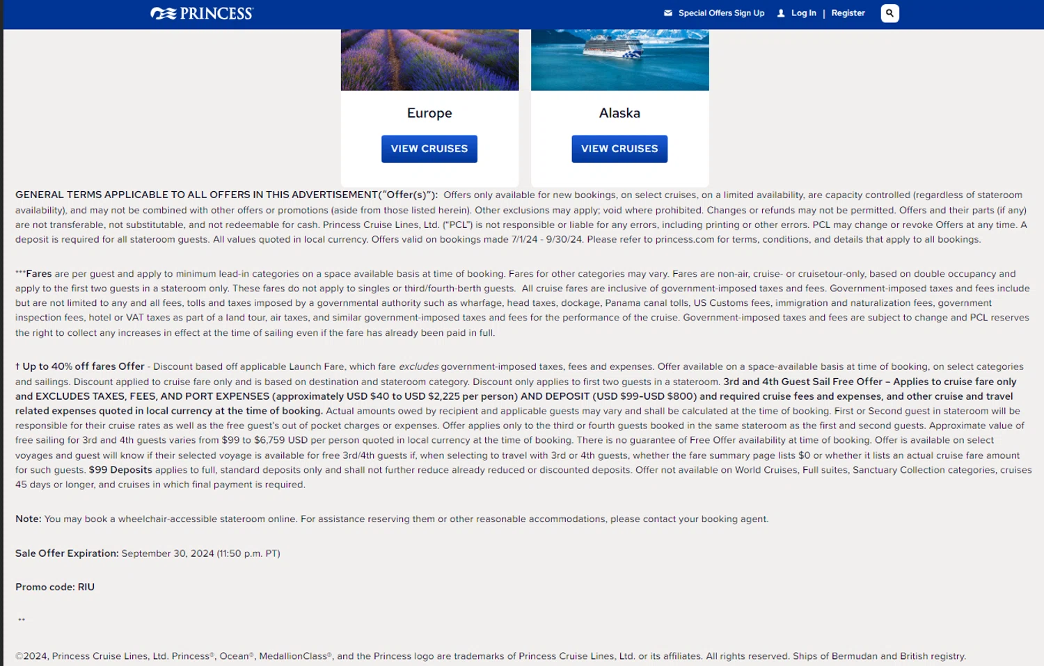 Princess Cruises checkout page showing Princess Cruises promo code box | Screenshot taken by SimplyCodes community member on Oct 23, 2024