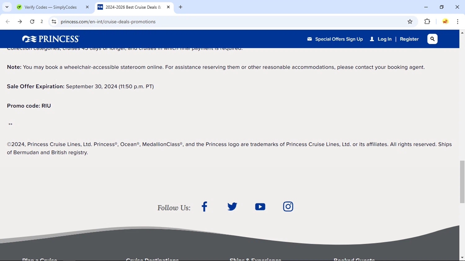 Princess Cruises checkout page showing Princess Cruises promo code box | Screenshot taken by SimplyCodes community member on Oct 30, 2024
