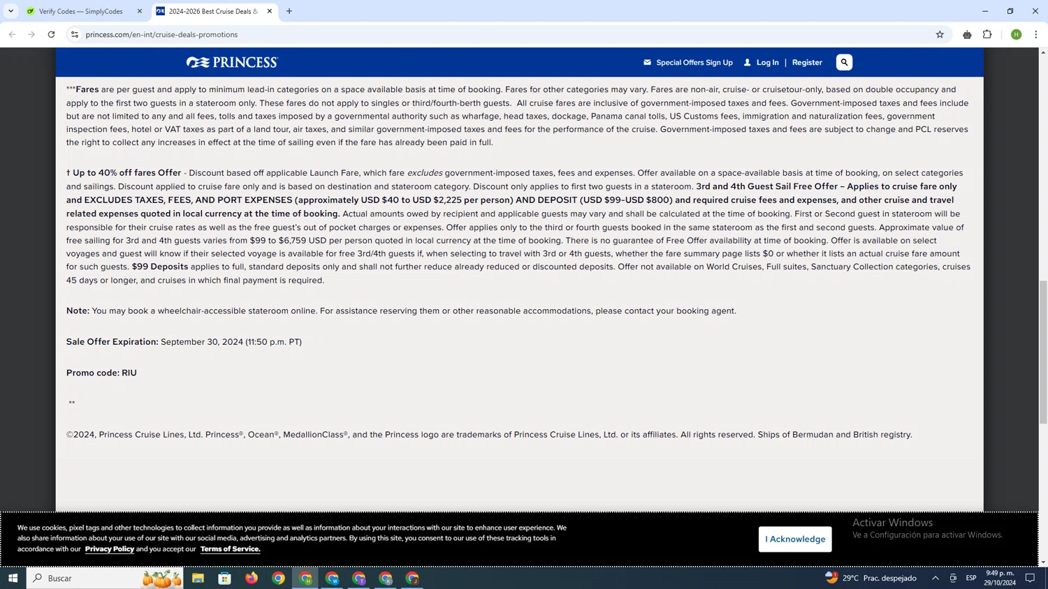 Princess Cruises checkout page showing Princess Cruises promo code box | Screenshot taken by SimplyCodes community member on Oct 30, 2024