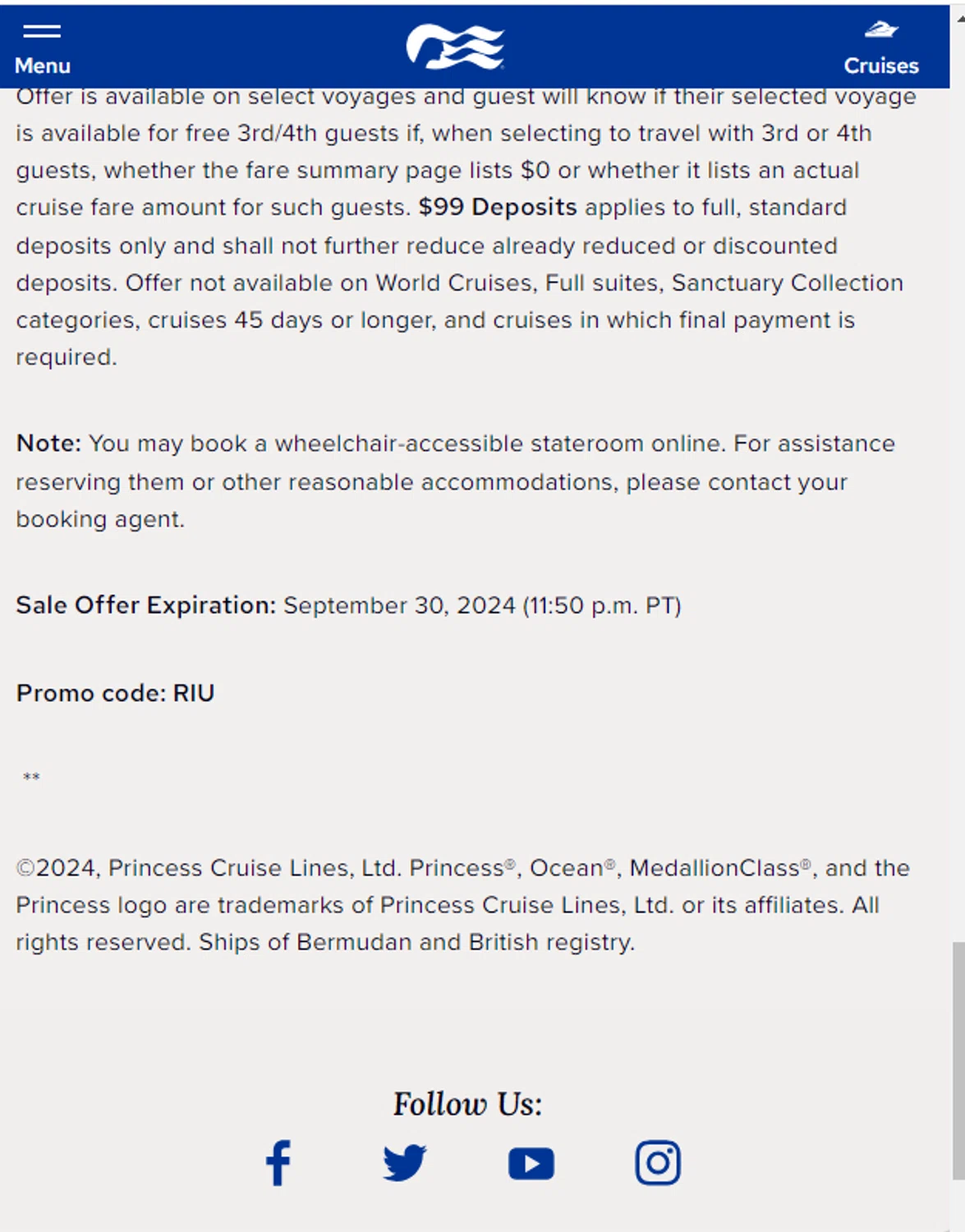 Princess Cruises checkout page showing Princess Cruises promo code box | Screenshot taken by SimplyCodes community member on Oct 30, 2024