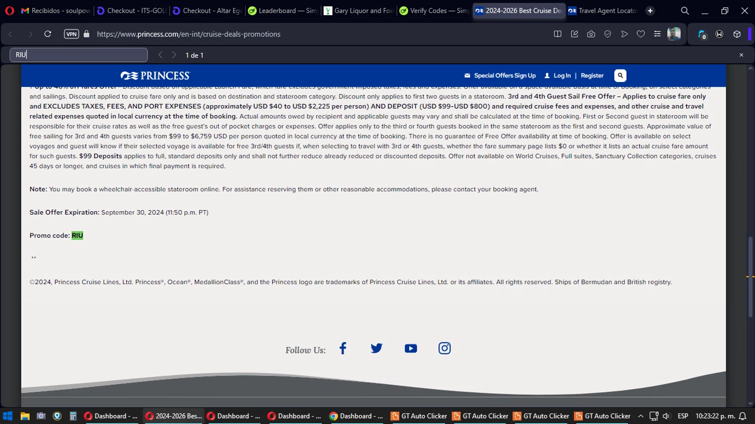 Princess Cruises checkout page showing Princess Cruises promo code box | Screenshot taken by SimplyCodes community member on Sep 29, 2024