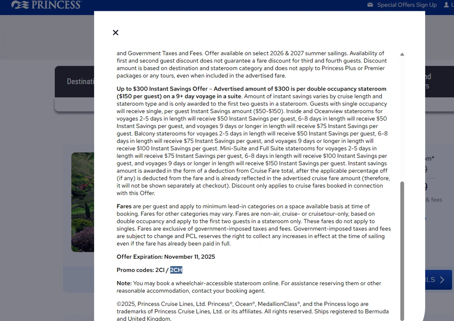 Princess Cruises promo code screenshot showing code 2CH applied at Princess Cruises checkout page. Uploaded by SimplyCodes community member Dejadepicharme on Oct 8, 2025