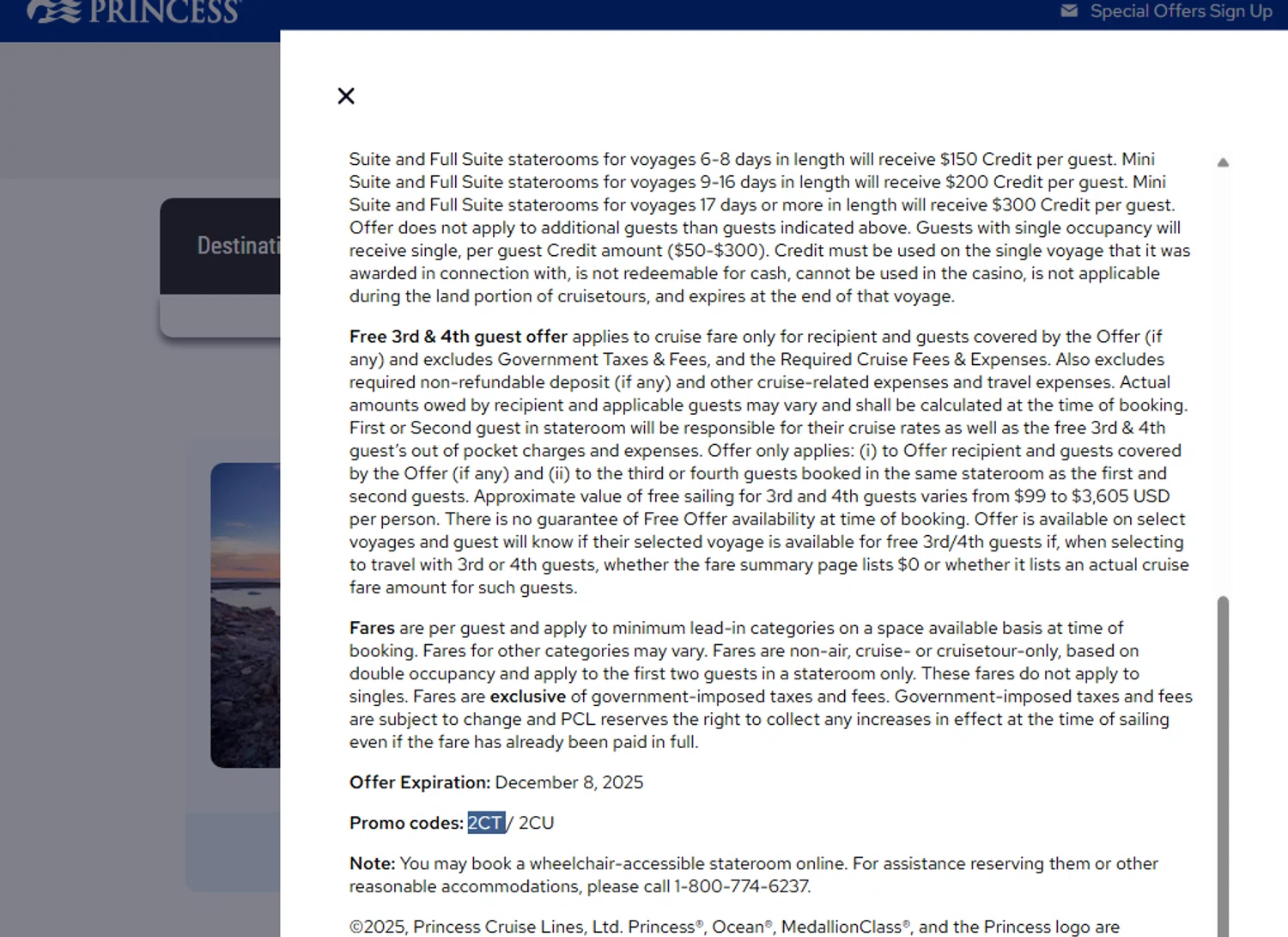 Princess Cruises promo code screenshot showing code 2CT applied at Princess Cruises checkout page. Uploaded by SimplyCodes community member Dejadepicharme on Nov 15, 2025